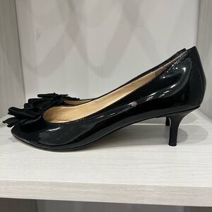 Black patent open toe pump